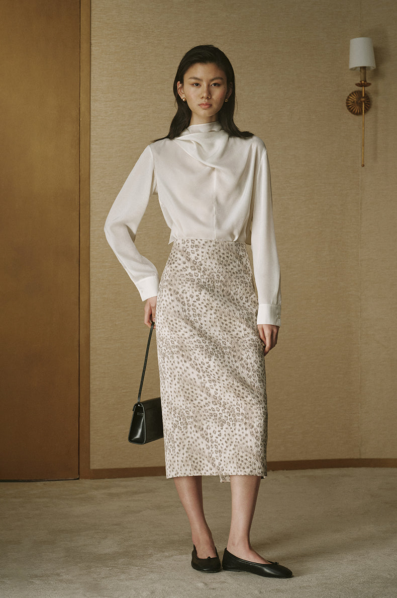 Scarf-Neck Peachskin Shirt - Ivory White