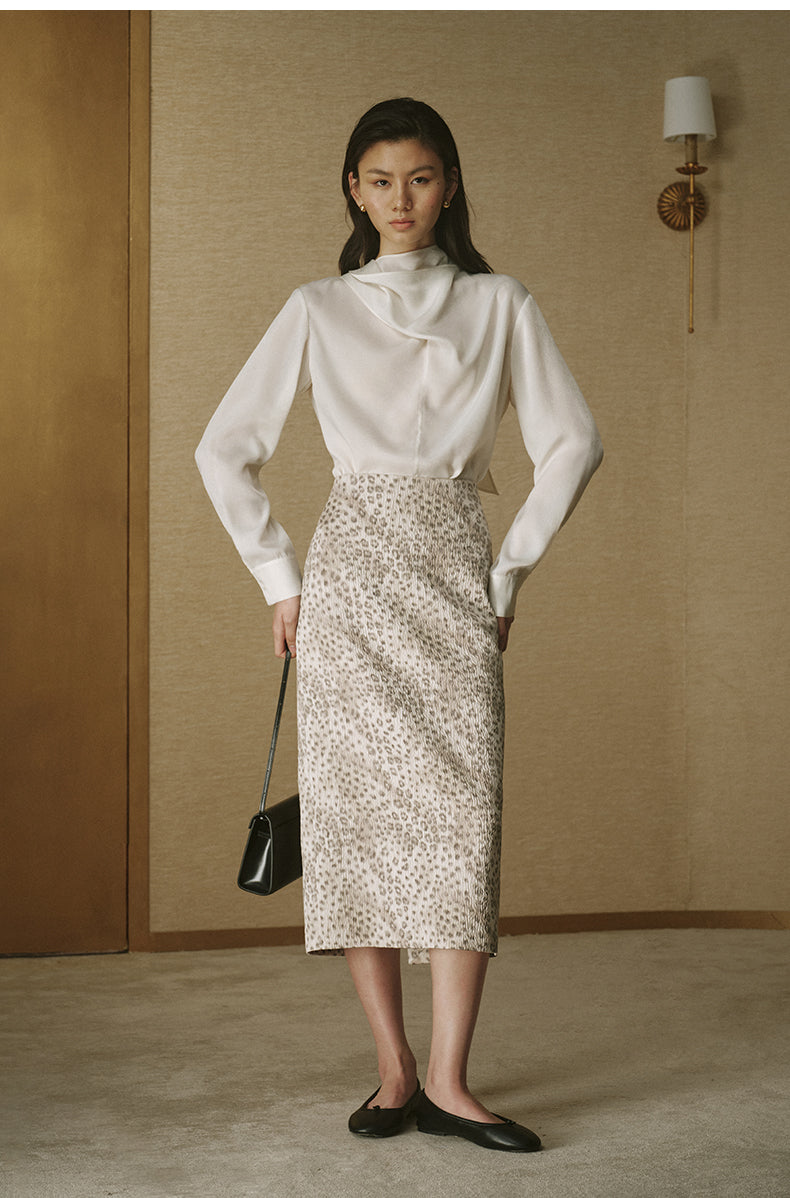 Scarf-Neck Peachskin Shirt - Ivory White