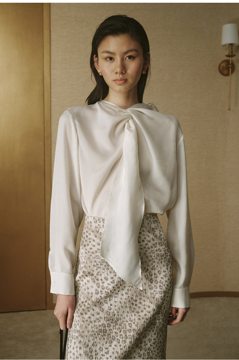 Scarf-Neck Peachskin Shirt - Ivory White