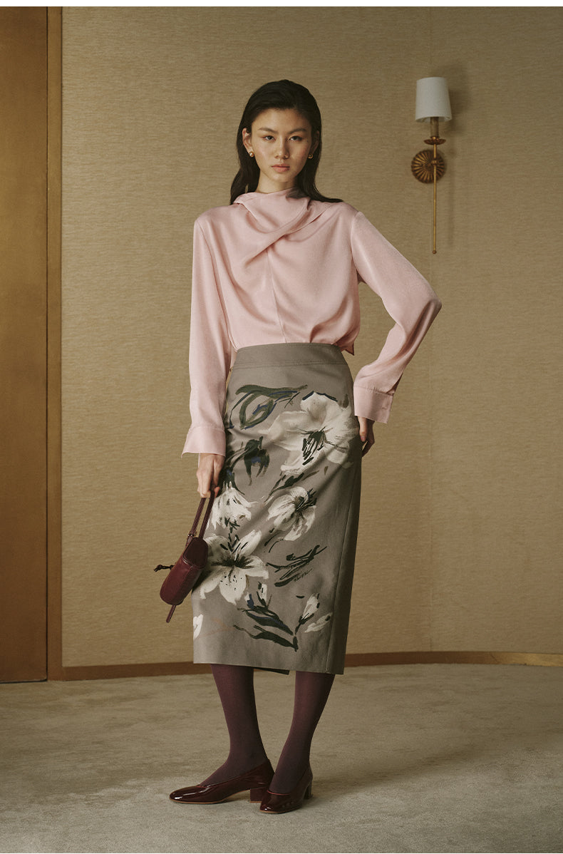 Scarf-Neck Peachskin Shirt - Pink Grey