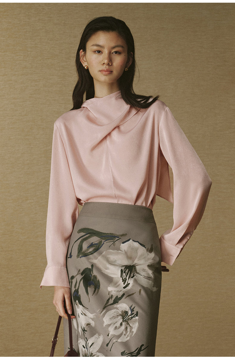 Scarf-Neck Peachskin Shirt - Pink Grey