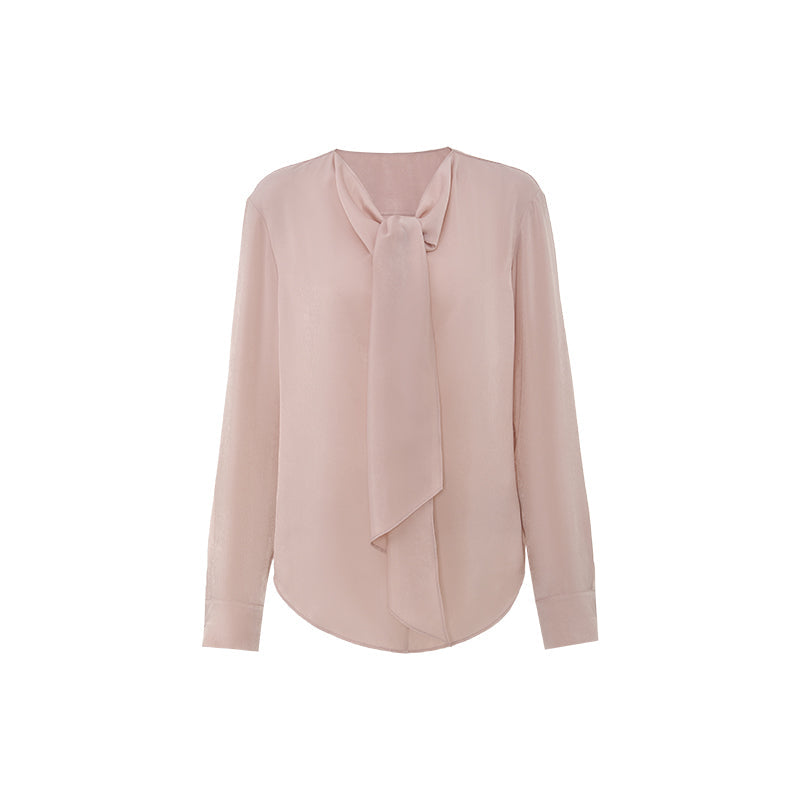 Scarf-Neck Peachskin Shirt - Pink Grey