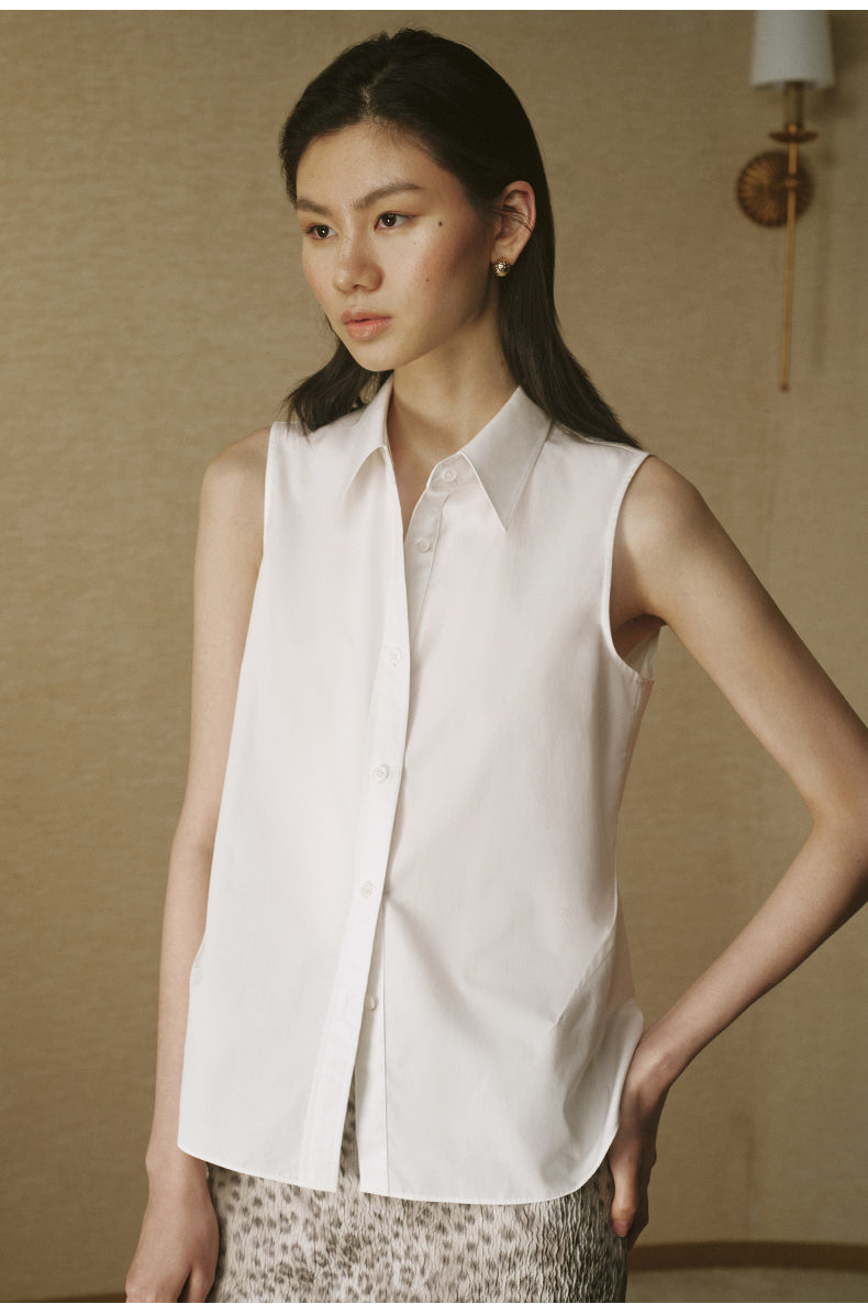 Sleeveless Shirt Collar Top Ivory White