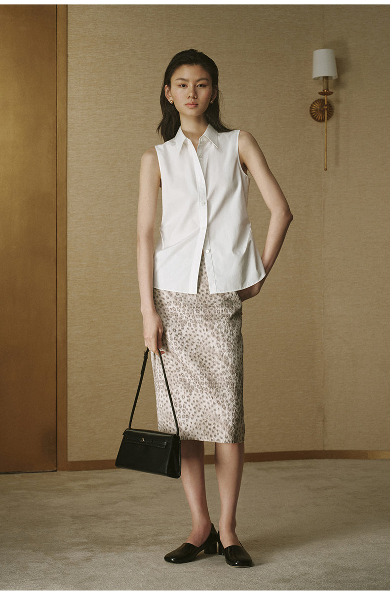 Sleeveless Shirt Collar Top Ivory White