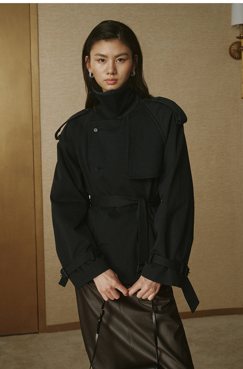 Cropped Sculptural Trench Jacket - Ink Black