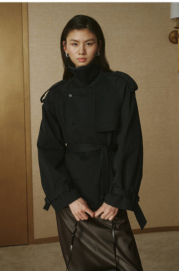 Cropped Sculptural Trench Jacket - Ink Black
