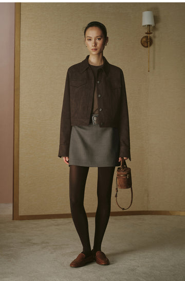Faux Suede Cropped Jacket - Deep Coffee