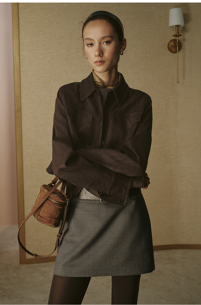 Faux Suede Cropped Jacket - Deep Coffee