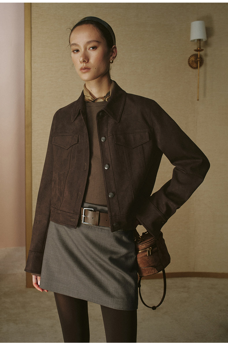 Faux Suede Cropped Jacket - Deep Coffee