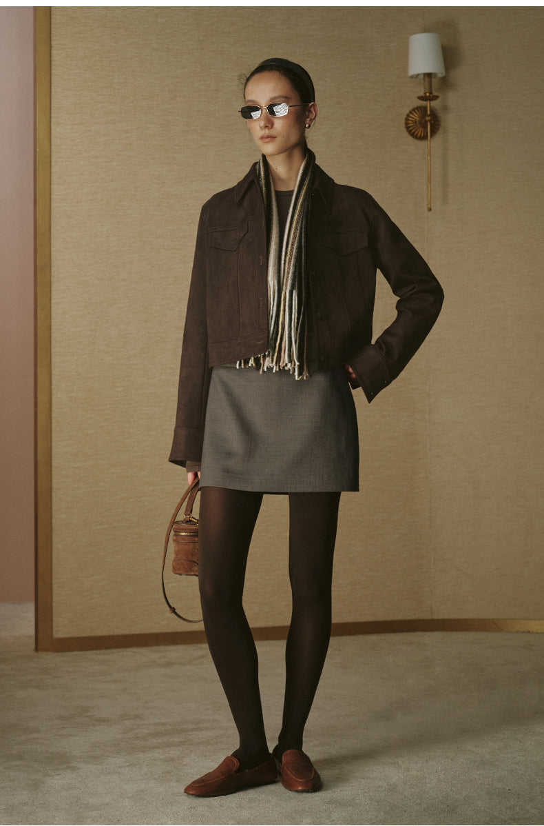 Faux Suede Cropped Jacket - Deep Coffee