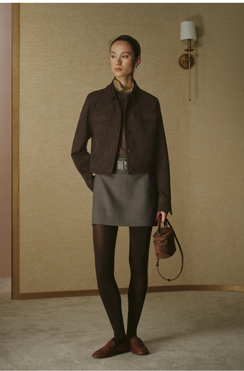 Faux Suede Cropped Jacket - Deep Coffee