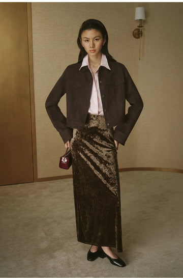 Faux Suede Cropped Jacket - Deep Coffee
