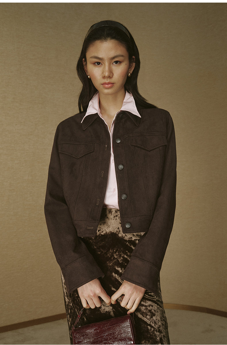 Faux Suede Cropped Jacket - Deep Coffee