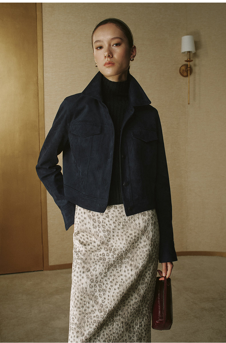 Faux Suede Cropped Jacket - Ink Blue