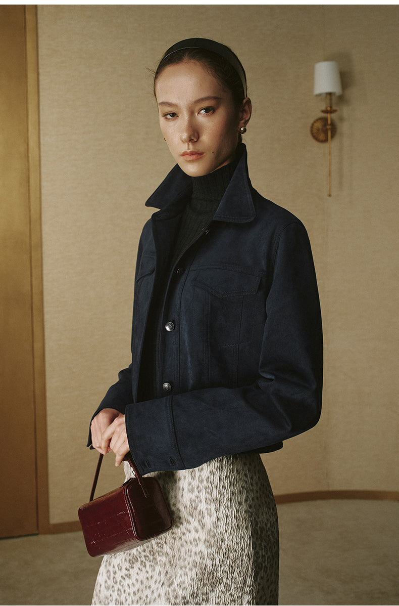 Faux Suede Cropped Jacket - Ink Blue