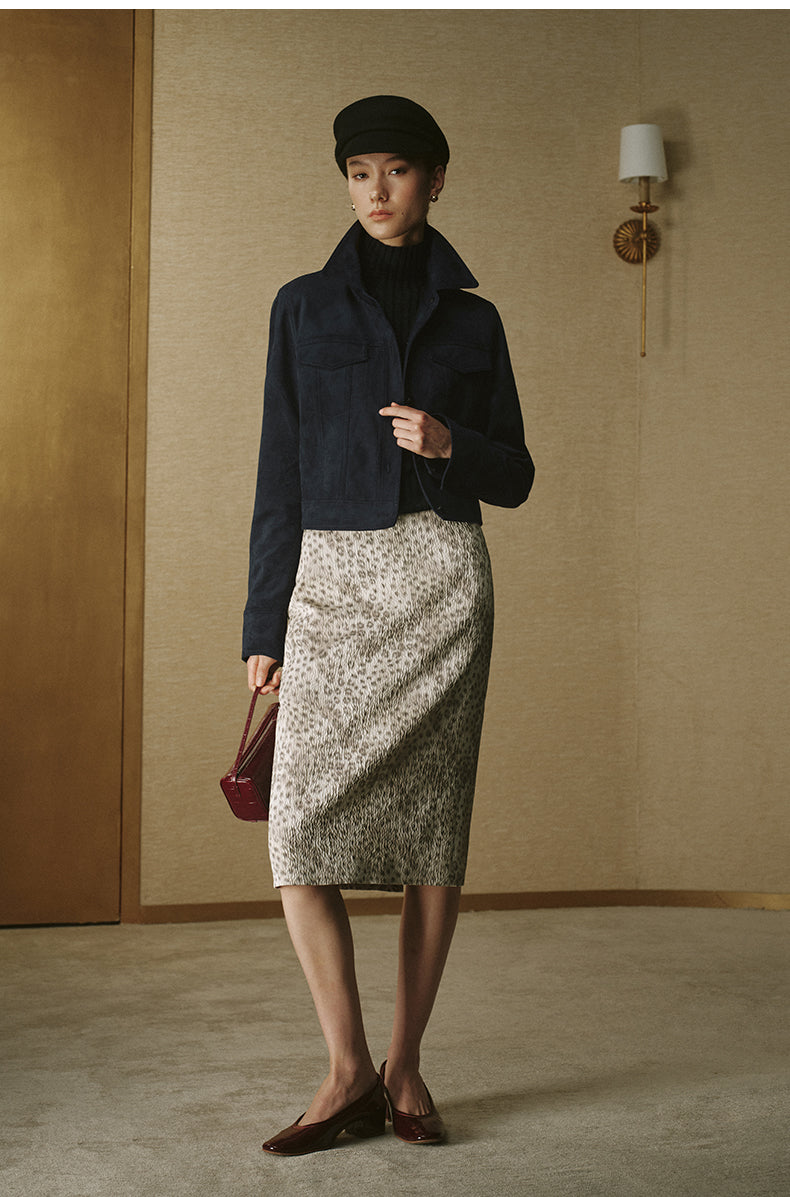 Faux Suede Cropped Jacket - Ink Blue