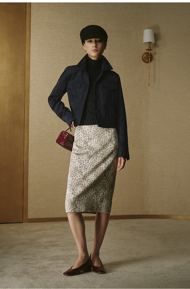 Faux Suede Cropped Jacket - Ink Blue