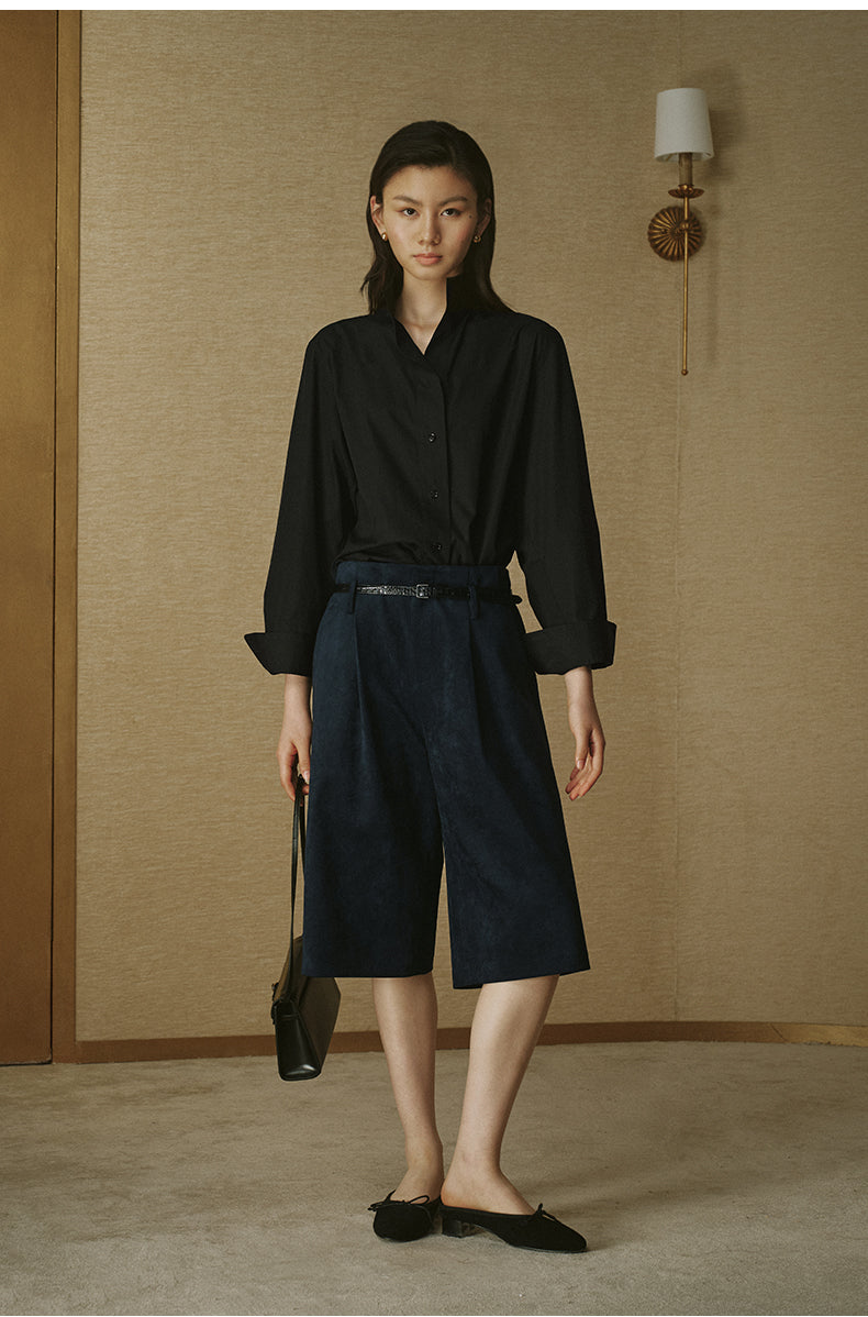 Faux Suede Cropped Wide-Leg Pants - Ink Blue
