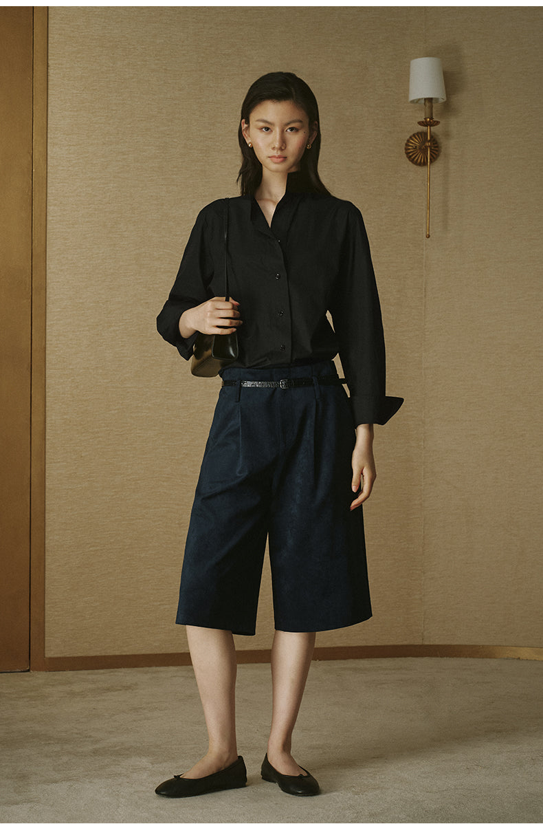 Faux Suede Cropped Wide-Leg Pants - Ink Blue