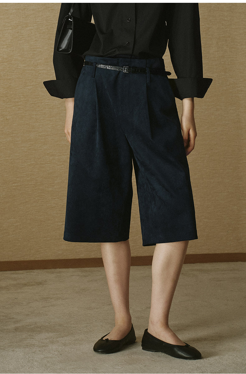 Faux Suede Cropped Wide-Leg Pants - Ink Blue