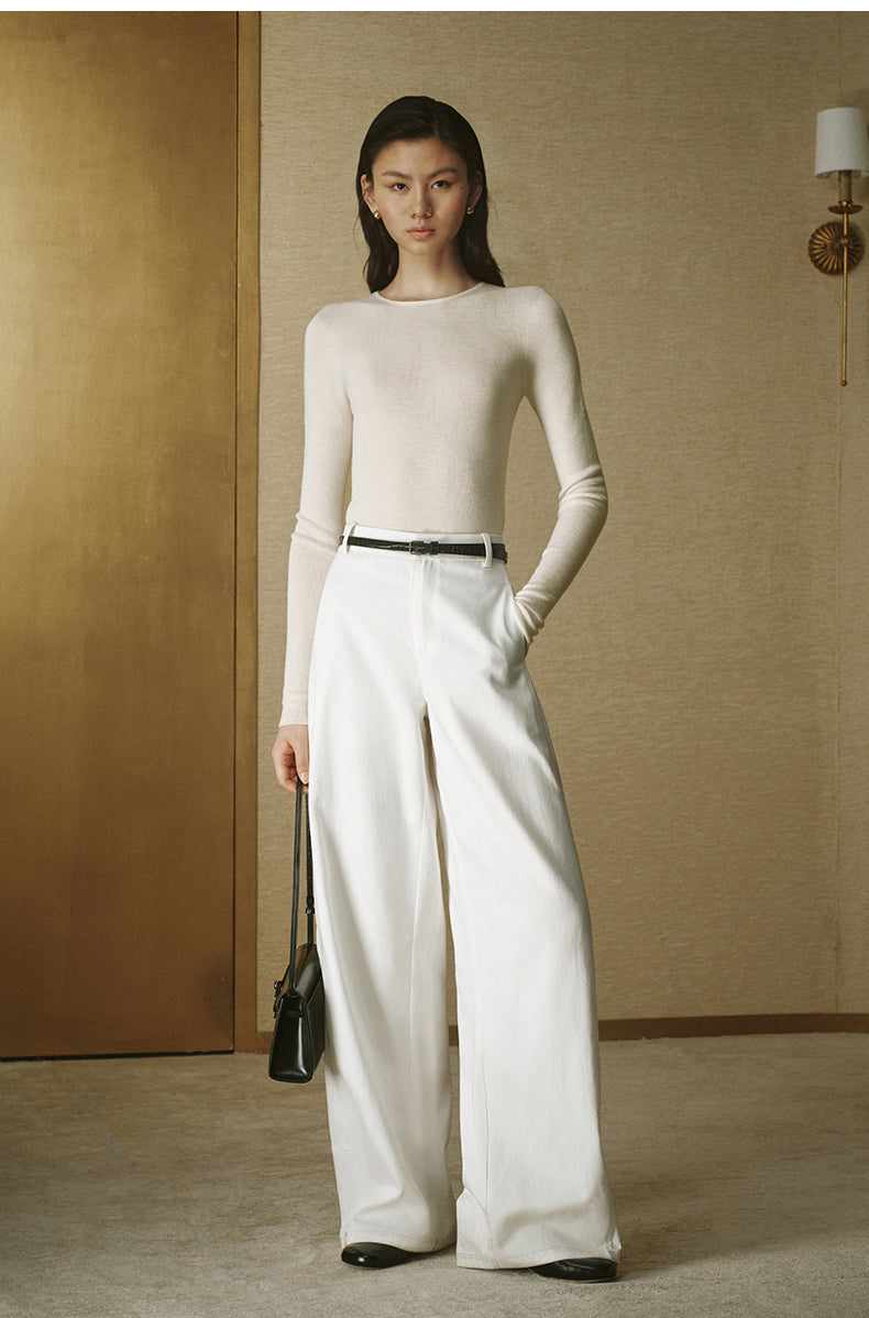 Denim-Look Curved Trousers Ivory White