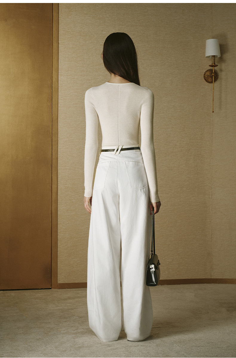 Denim-Look Curved Trousers Ivory White