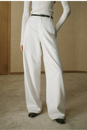 Denim-Look Curved Trousers Ivory White