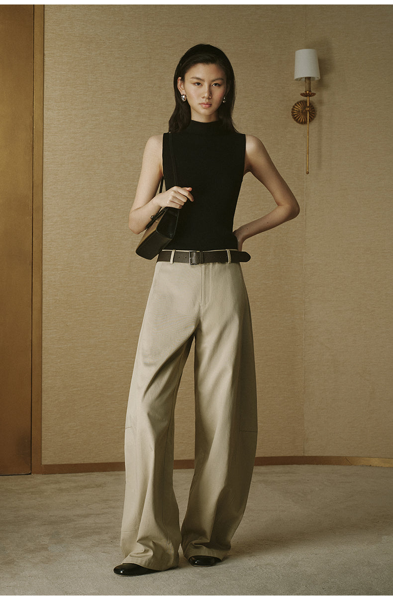 Denim-Look Curved Trousers Almond Khaki