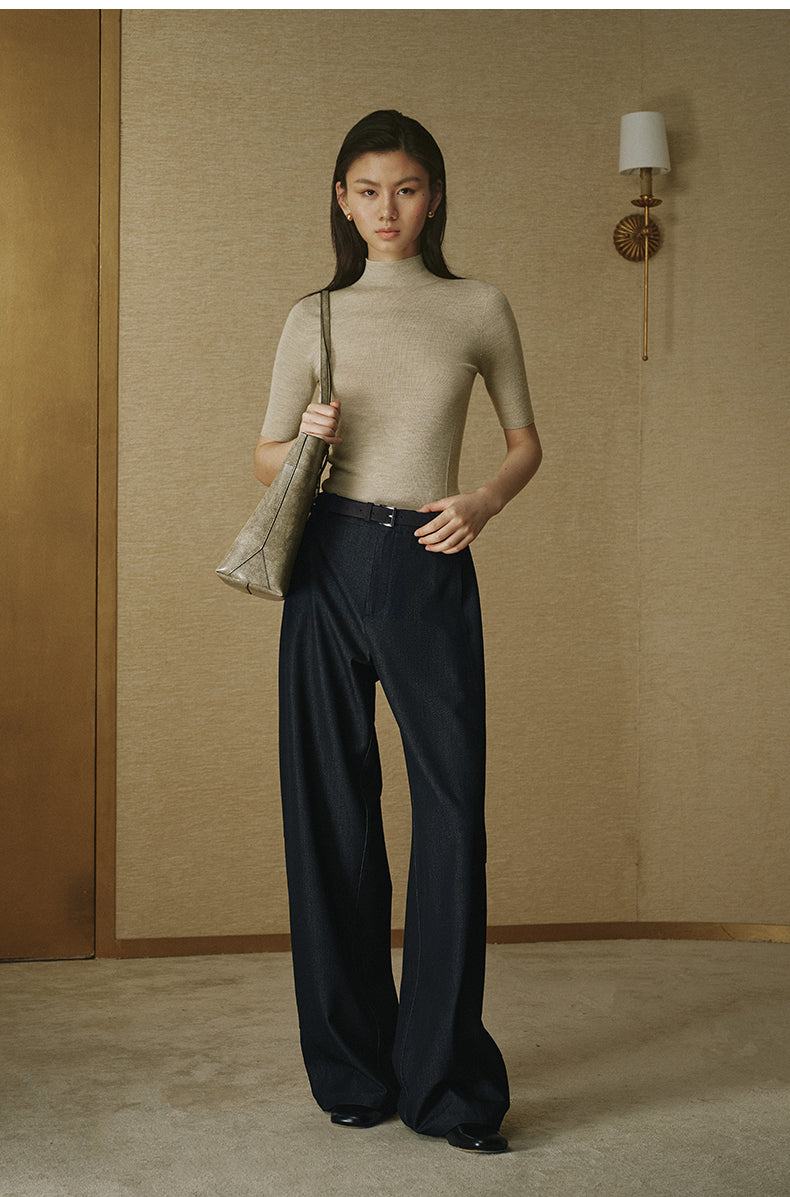 Denim-Look Curved Trousers Denim Blue