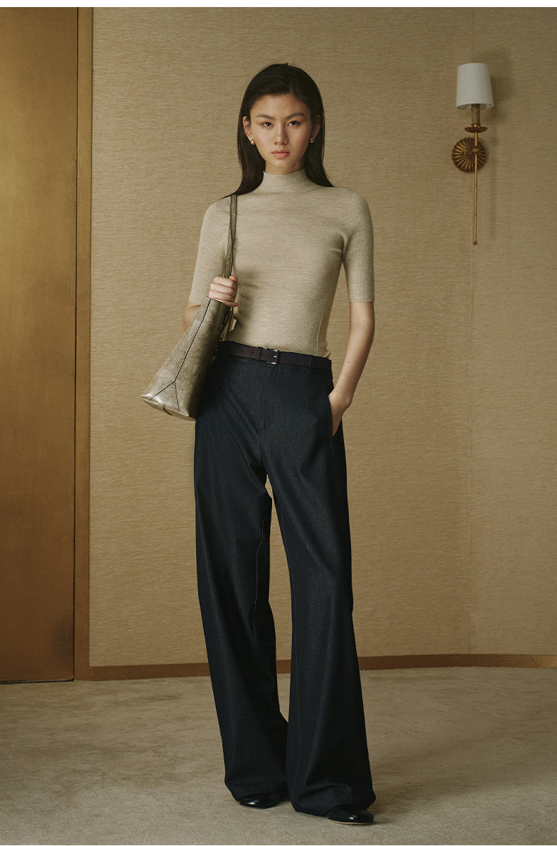Denim-Look Curved Trousers Denim Blue
