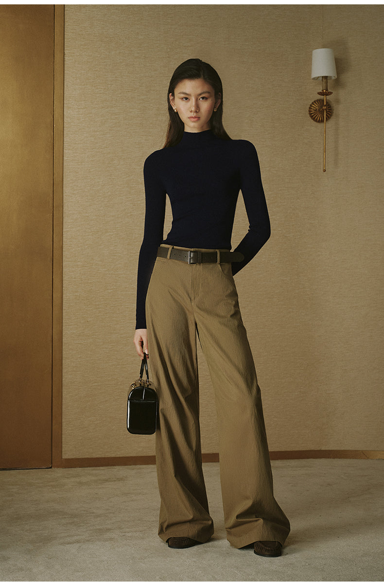 Curved Wide-Leg Trousers - Sand Khaki