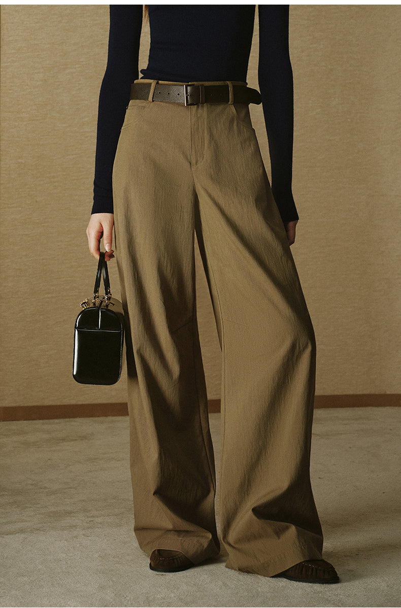 Curved Wide-Leg Trousers - Sand Khaki