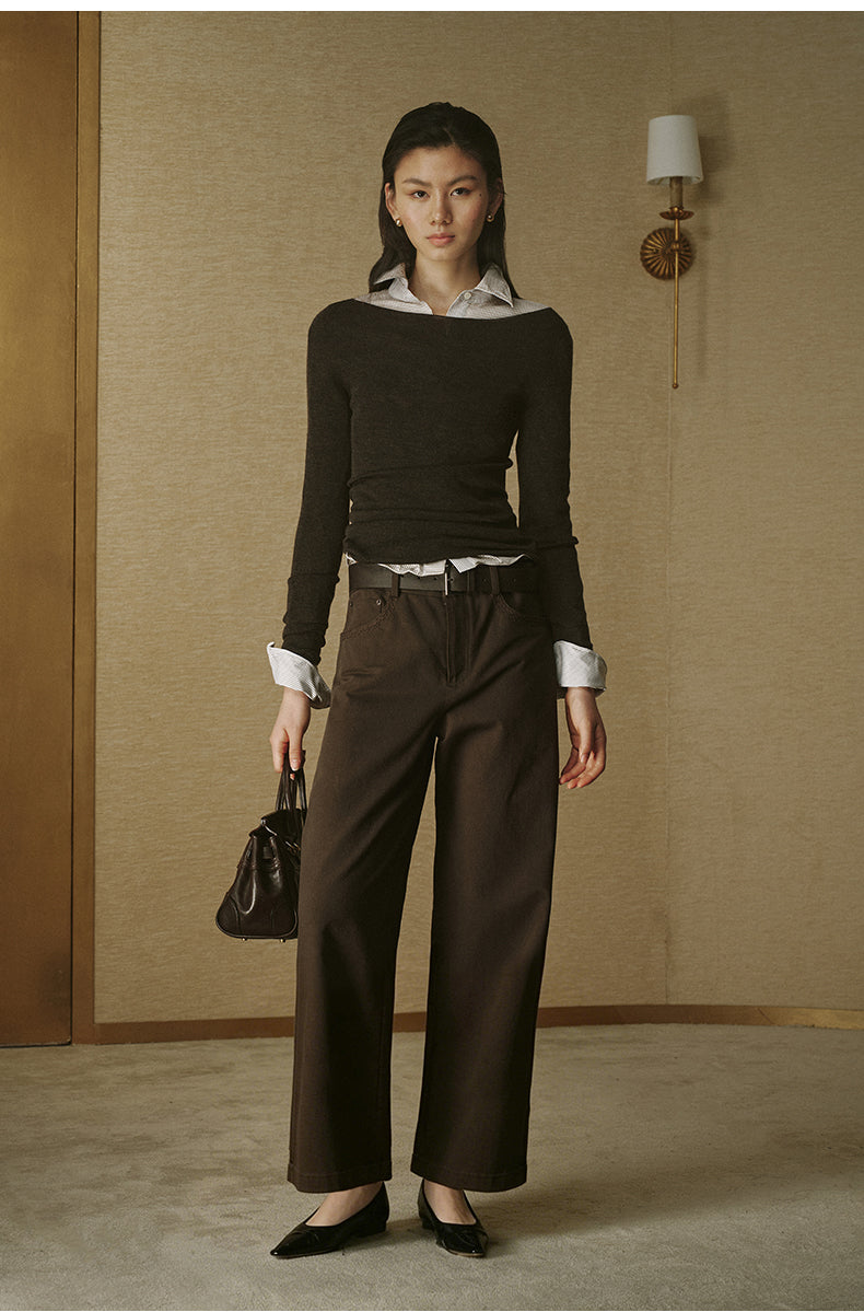ZZ2FAWKW052 Cotton Twill Straight Trousers Deep Taupe
