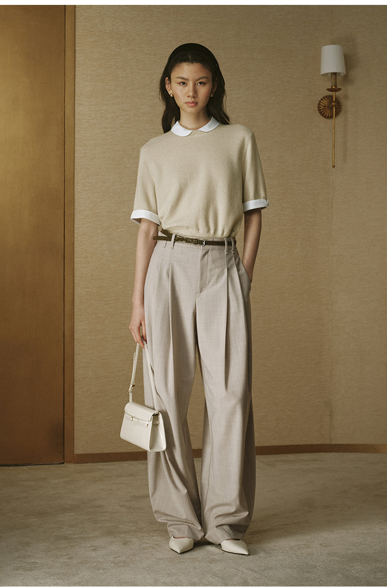 Summer Wool Double-Pleat Trousers - Oat Beige