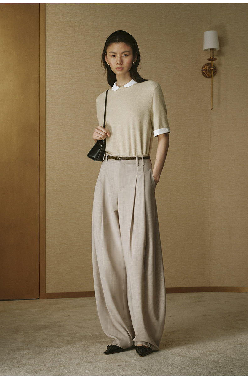 Summer Wool Double-Pleat Trousers - Oat Beige
