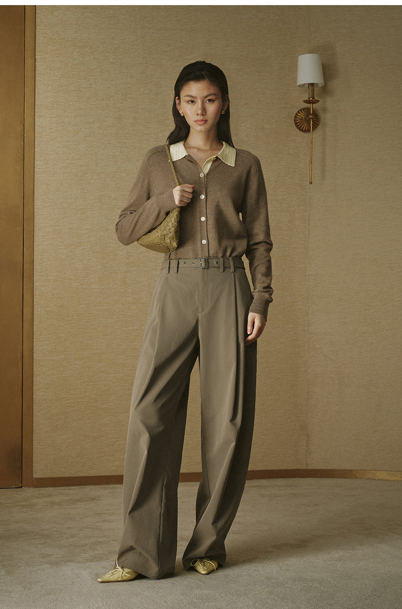 Pleated Cotton Wide Trousers Khaki Green Grey
