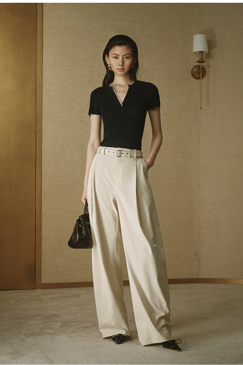 Pleated Cotton Wide Trousers Rice Khaki