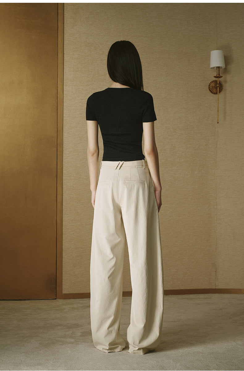 Pleated Cotton Wide Trousers Rice Khaki