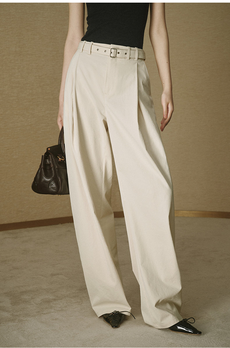 Pleated Cotton Wide Trousers Rice Khaki