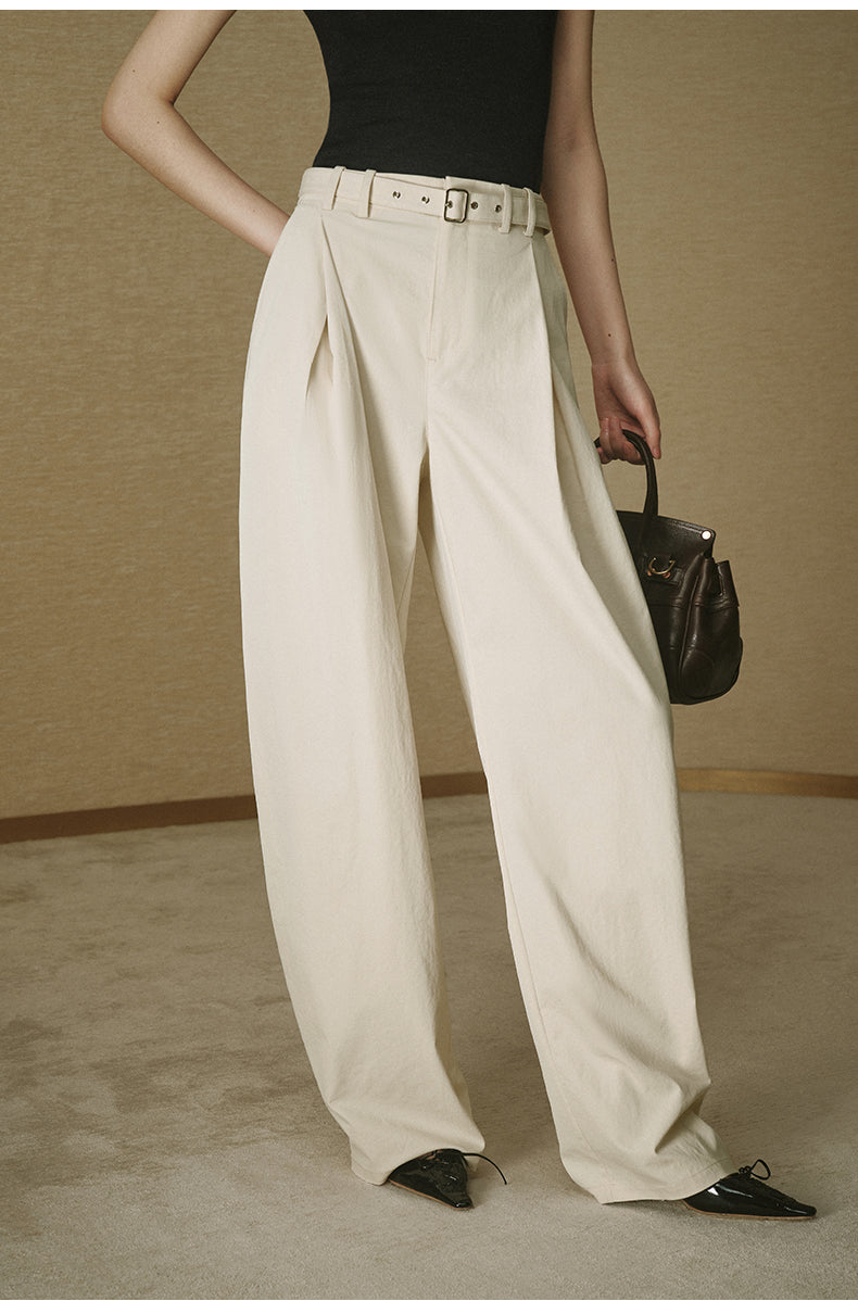 Pleated Cotton Wide Trousers Rice Khaki