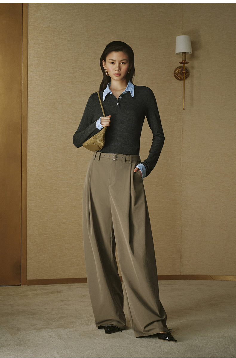 Pleated Cotton Wide Trousers Khaki Green Grey
