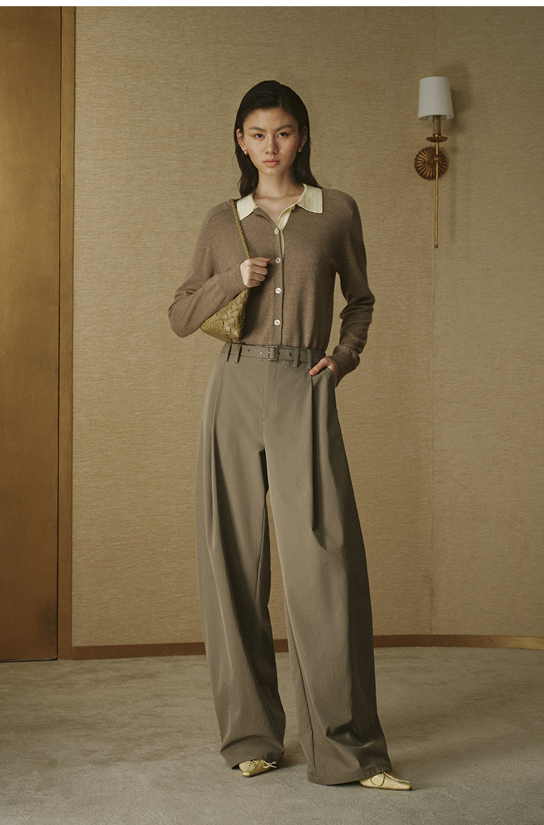 Pleated Cotton Wide Trousers Khaki Green Grey