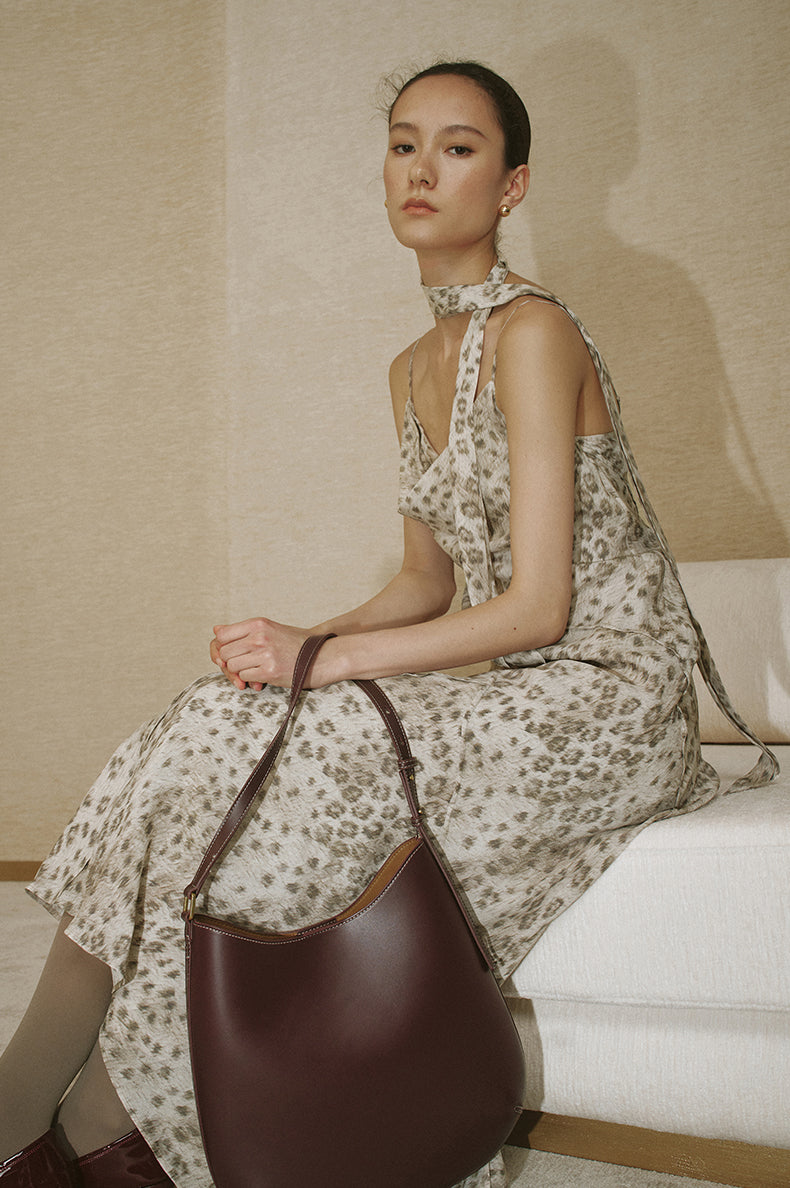 Printed Halter Slip Dress Beige Coffee Leopard