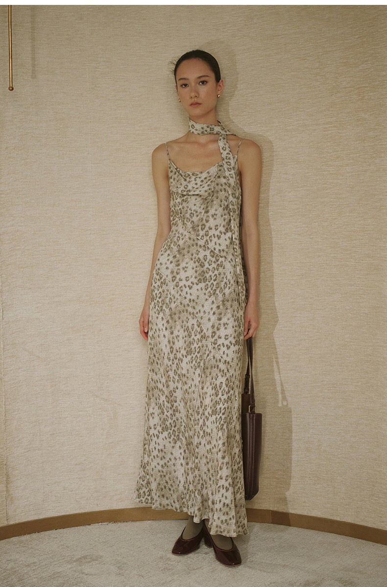 Printed Halter Slip Dress Beige Coffee Leopard