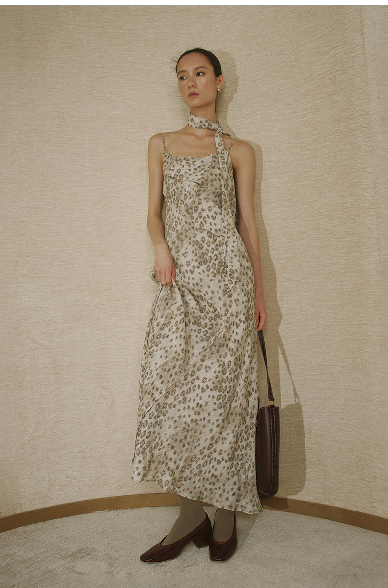 Printed Halter Slip Dress Beige Coffee Leopard