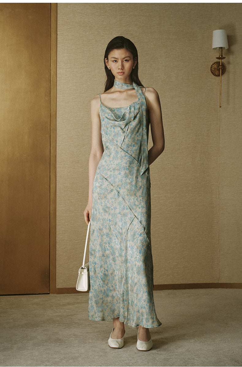 Printed Halter Slip Dress Ice Grey Blue