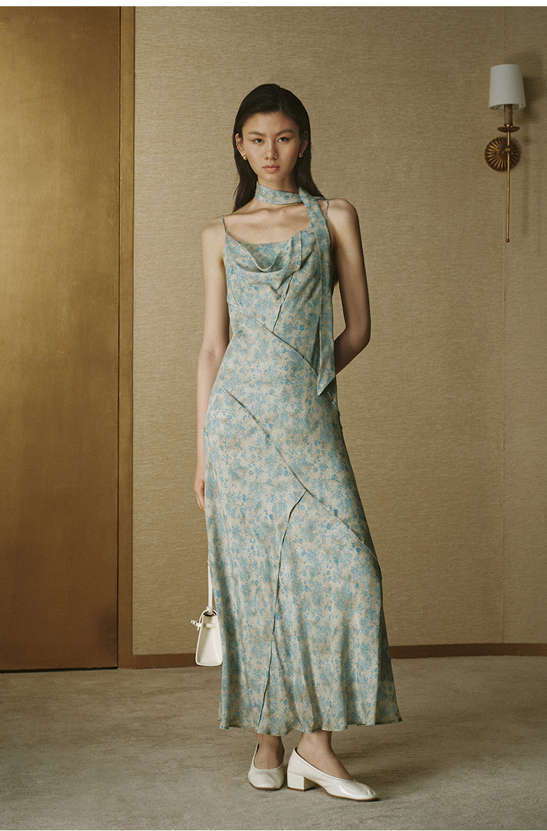 Printed Halter Slip Dress Ice Grey Blue
