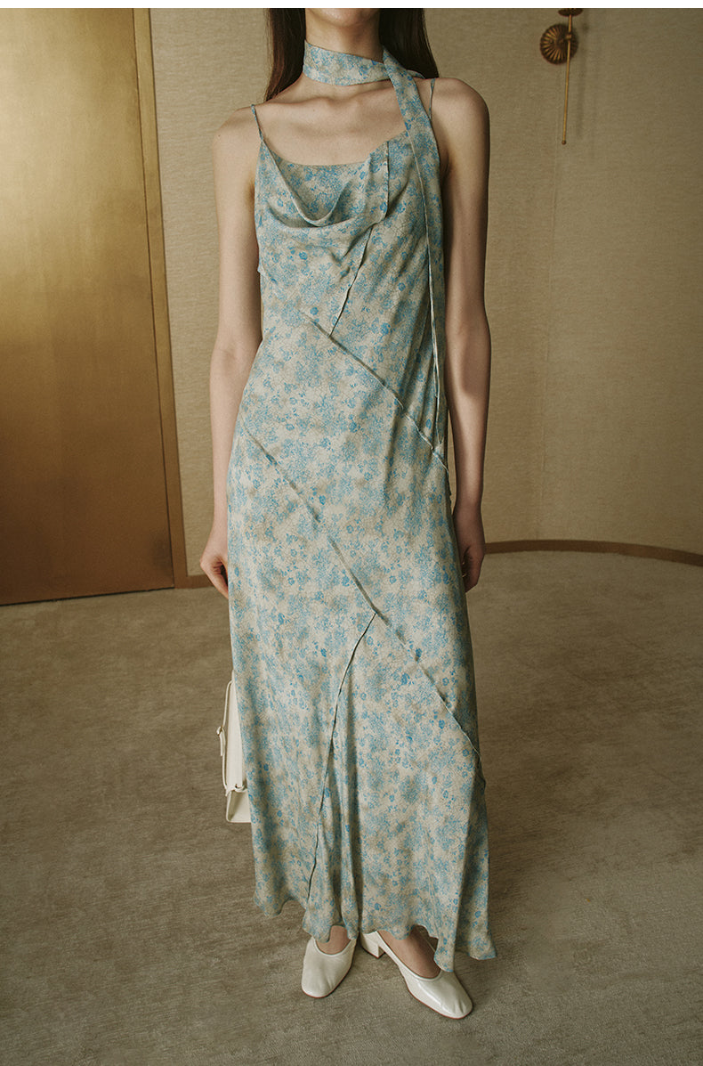 Printed Halter Slip Dress Ice Grey Blue