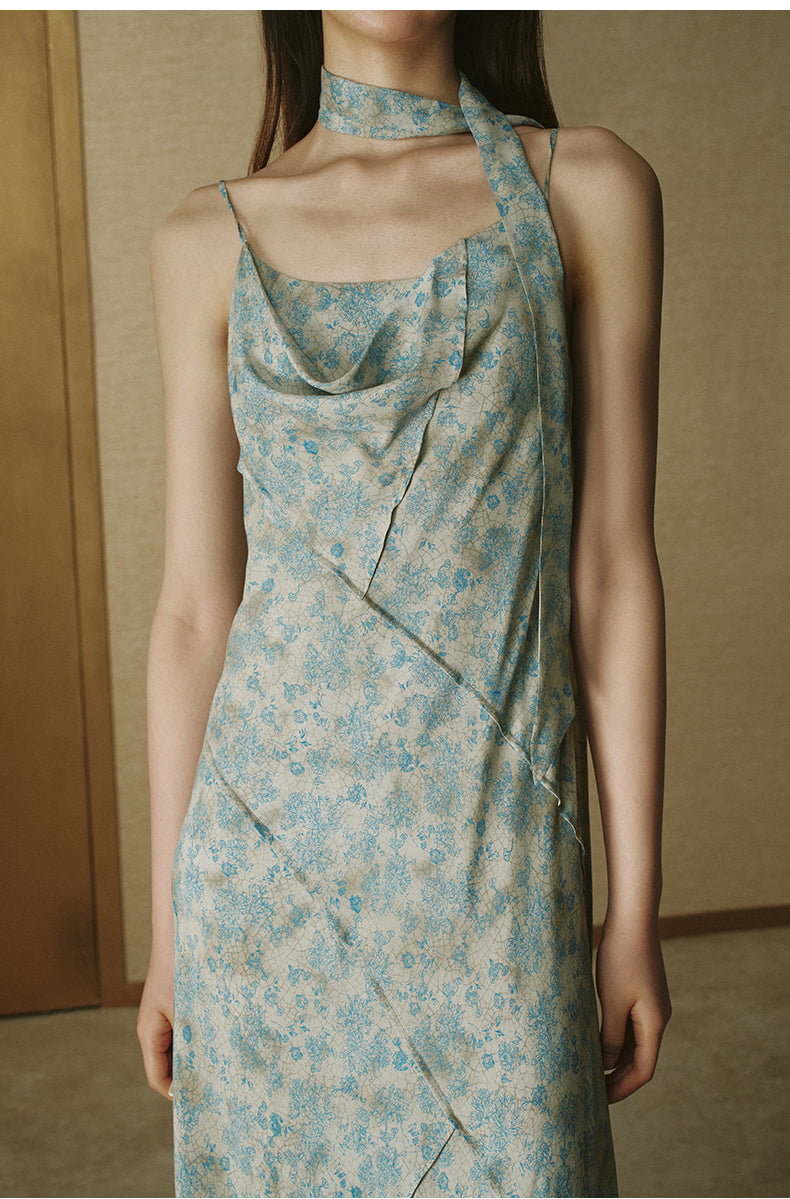 Printed Halter Slip Dress Ice Grey Blue