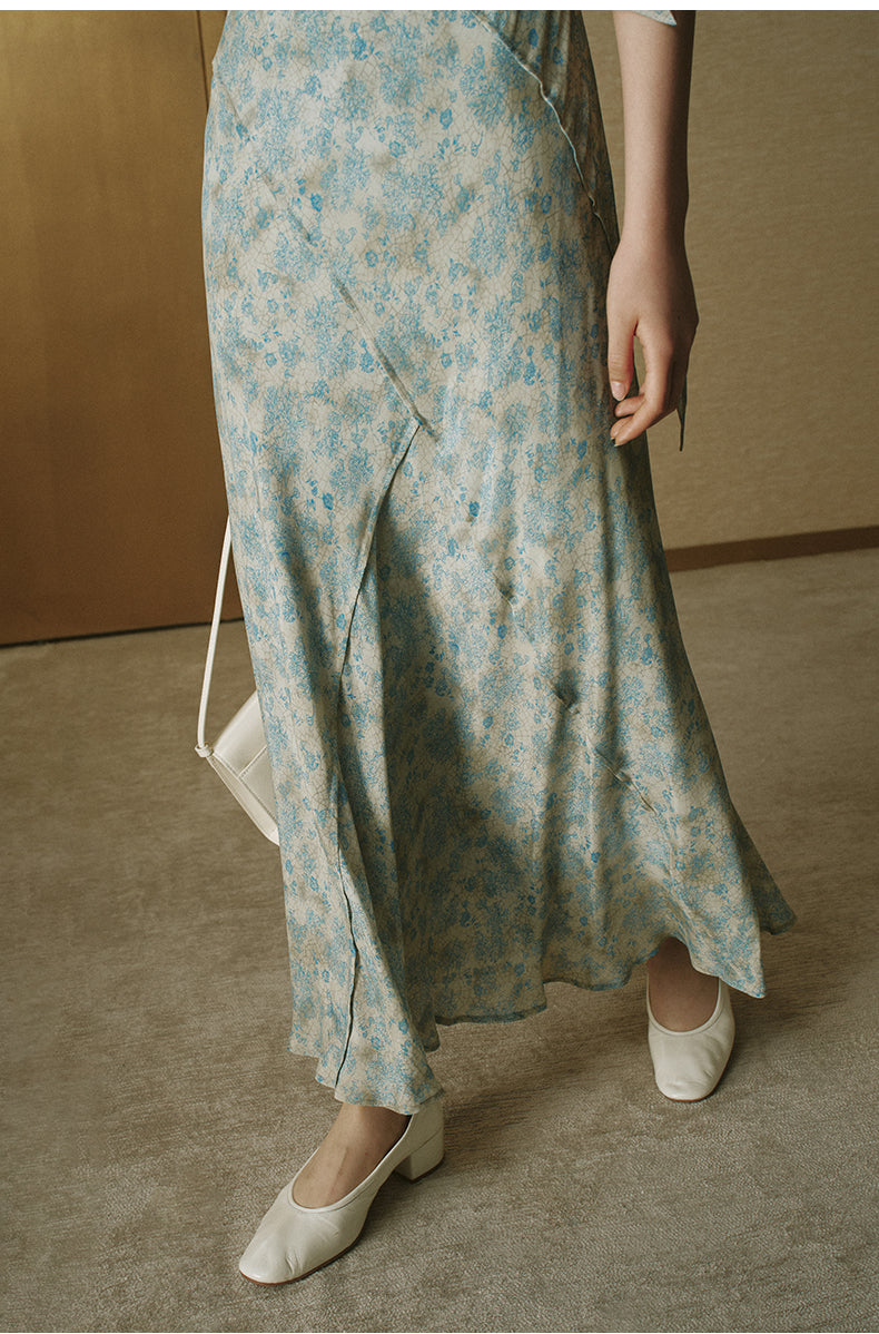 Printed Halter Slip Dress Ice Grey Blue